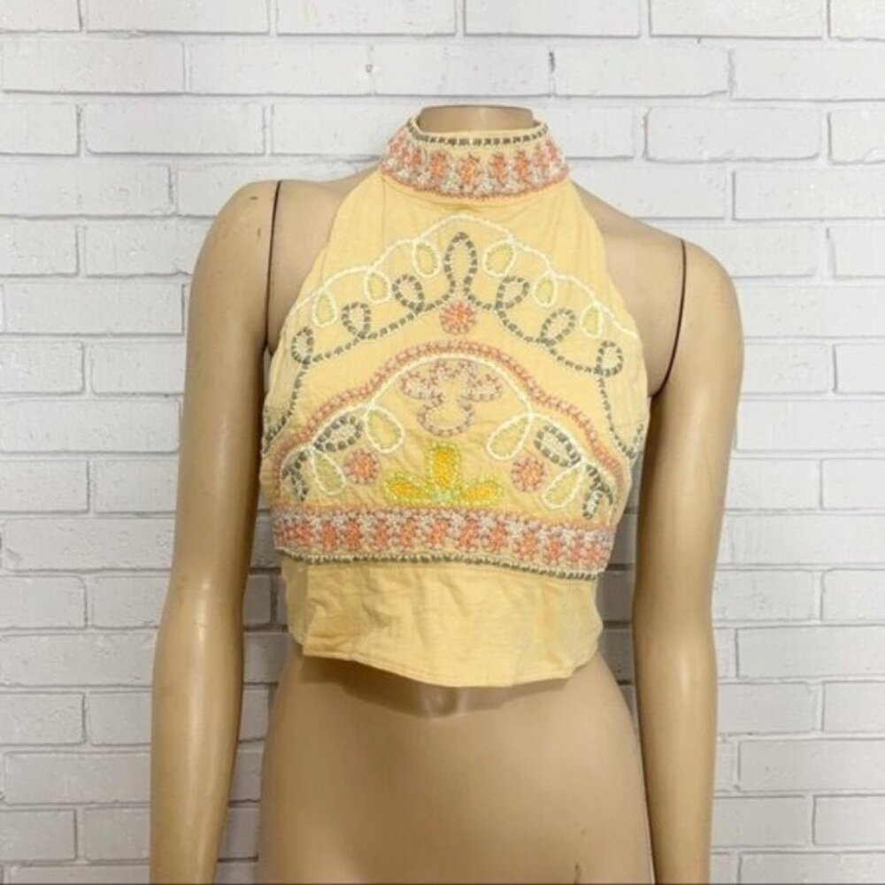 Free People Yellow Embroidered Crop Top